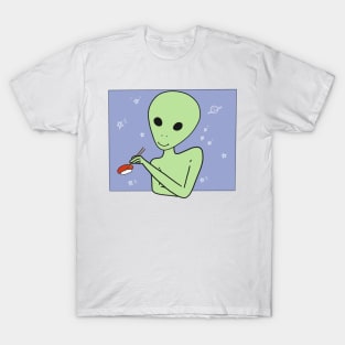 Alien Eating Sushi Meme Funny UFO ET Anime Logo T-Shirt